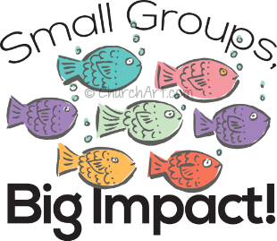 Small Groups, Big Impact!  Clipart illustration for small groups bible study that meets at church, at home or in a coffee shop