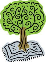 Bible Clip-Art image of open Bible with tree springing up from center of Bible