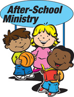 Bible Clip-Art for Kids with two boys, one girl, basketball, book and AFTER-SCHOOL MINISTRY caption