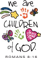 Bible Clip-Art for Kids with star, butterflies, hand prints, JESUS LOVES ME heart and WE ARE CHILDREN OF GOD ROMANS 8:16 Scripture caption