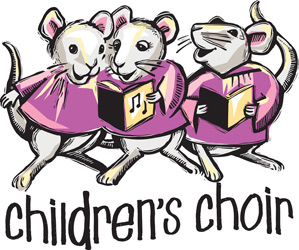 Bible Clip-Art for Kids with three mice in robes holding songbooks and CHILDREN'S CHOIR caption