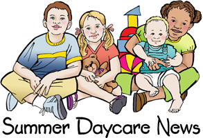 Bible Clip-Art for Kids with children sitting cross-legged on the floor and SUMMER DAYCARE NEWS caption