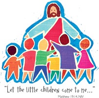 Bible Clip-Art for Kids with children gathered around Jesus and LET THE LITTLE CHILDREN COME TO ME MATTHEW 19:14 Scripture caption