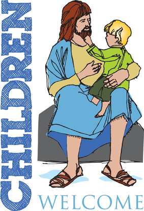 Bible Clip-Art for Kids with child sitting on the lap of Jesus and CHILDREN WELCOME captiomn