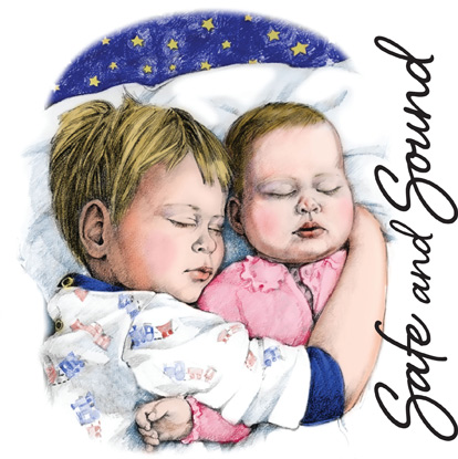 Bible Clip-Art for Kids with young boy and baby sleeping with arms around each other and SAFE AND SOUND caption