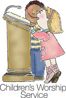 Bible Clip-Art for Kids with boy and girl standing at podium or lectern and CHILDREN'S WORSHIP SERVICE caption