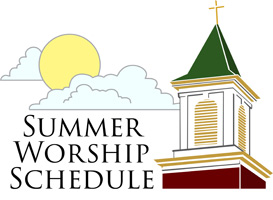 Bulletin Clip-Art Image of church steeple, sun and clouds with caption Summer Worship Schedule