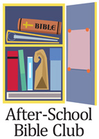 Clip-Art Image of open school locker with books and Bible and AFTER-SCHOOL BIBLE CLUB caption
