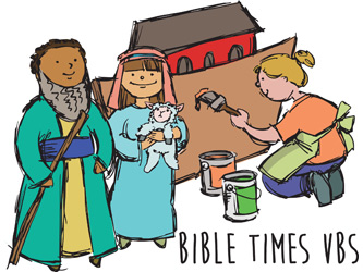 Clip-Art Image of children dressed as Bible characters and girl painting Noah's ark for vacation Bible school and caption BIBLE TIMES VBS