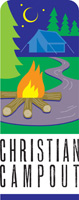 Clip-Art Image of campfire, tent, trees and moon and caption CHRISTIAN CAMPOUT