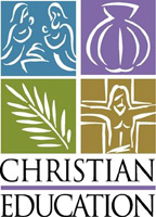 Clip-Art Image of Nativity, Mary, Joseph, Baby Jesus, baptism shell, palm frond, Crucifixion, Jesus on cross with caption CHRISTIAN EDUCATION