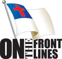 Clip-Art Image of Christian flag and caption ON THE FRONT LINES