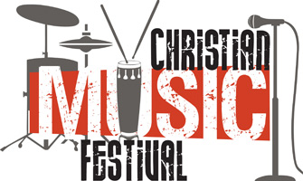 Clip-Art Image of drums, cymbals and microphone with caption CHRISTIAN MUSIC FESTIVAL