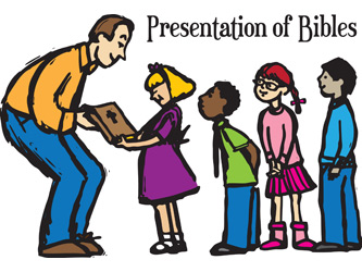 Clip-Art Image of pastor giving Bibles to four young boys and girls and caption PRESENTATION OF BIBLES