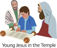 Clip-Art Image of young Jesus reading a scroll in the temple with two elders and caption YOUNG JESUS IN THE TEMPLE