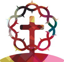 Multi-colored cross overlaid with multi colored crown of thorns.