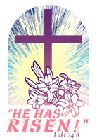 Easter Bulletin Cover with purple cross, white lily with He Has Risen Luke 24:6 Caption