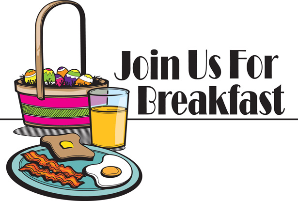 Easter egg clip-art with Easter basket bacon eggs toast orange juice and Join Us for Breakfast caption