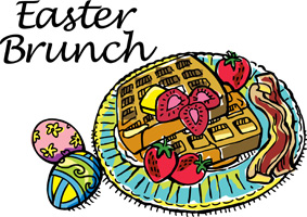 Easter egg clip-art with decorated eggs and plate of strawberry waffles and Easter Brunch caption