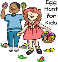 Easter egg clip-art with boy and girl and Egg Hunt for Kids caption