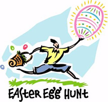 Easter egg clip-art with boy running with egg and basket and Easter Egg Hunt caption