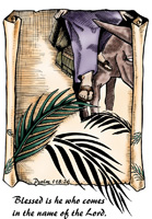 Scroll with a picture of Jesus riding on a donkey and Palm Leaves on the Ground. The image is of Jesus' leg and the donkey's legs. Captioned with Psalm 118:26