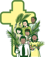 Palm Sunday Clip Art Image of cross and children holding palm branches