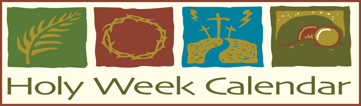 Palm Sunday Clip Art Border Image with Holy Week caption and images of palm branch, crown of thorns, Calvary, and an empty tomb
