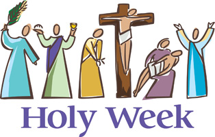 Palm Sunday Clip Art Image of Jesus on the cross with disciples at His feet with Holy Week caption