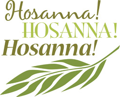 Palm Sunday Clip Art Image of Hosanna caption and palm branch in shades of green