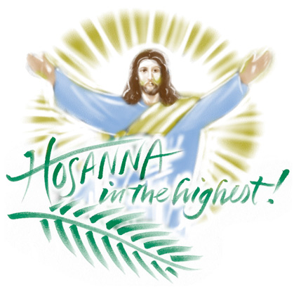 Palm Sunday Clip Art Image of Jesus and palm branch encircled by light with Hosanna in the highest caption