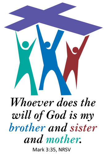 Church Bulletin Program Image of stylized people holding up a cross and with Scripture verse: Whoever does the will of God is my brother and sister and mother. Mark 3:35, NRSV