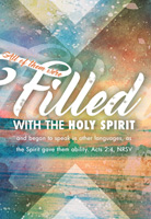 Church Bulletin Program Image of abstract watercolor shapes and with Scripture verse: All of them were filled with the Holy Spirit and began to speak in other languages, as the Spirit gave them the ability. Acts 2:4, NRSV