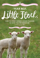 Church Bulletin Program photograph image of two lambs standing in a field and with Scripture verse: Fear not, little flock, for it is your father's good pleasure to give you the kingdom. Luke 12:32, ESV