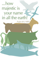 Church Bulletin Program Image of birds, horse, donkey, bull, ox, fish and with Scripture verse: How majestic is your name in all the earth! Psalm 8:9, NRSV