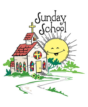 Color clip art image showing a church with the caption Sunday School