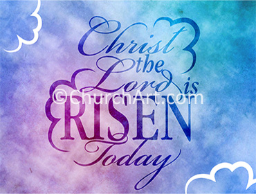 Christ the lord is risen indeed caption on a blue background with text treatment
