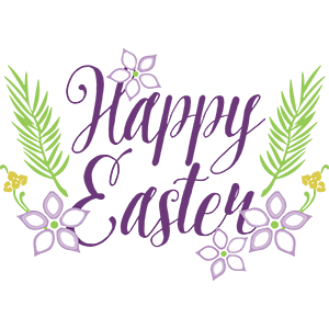 Happy Easter image with purple flowers and green palm leaves