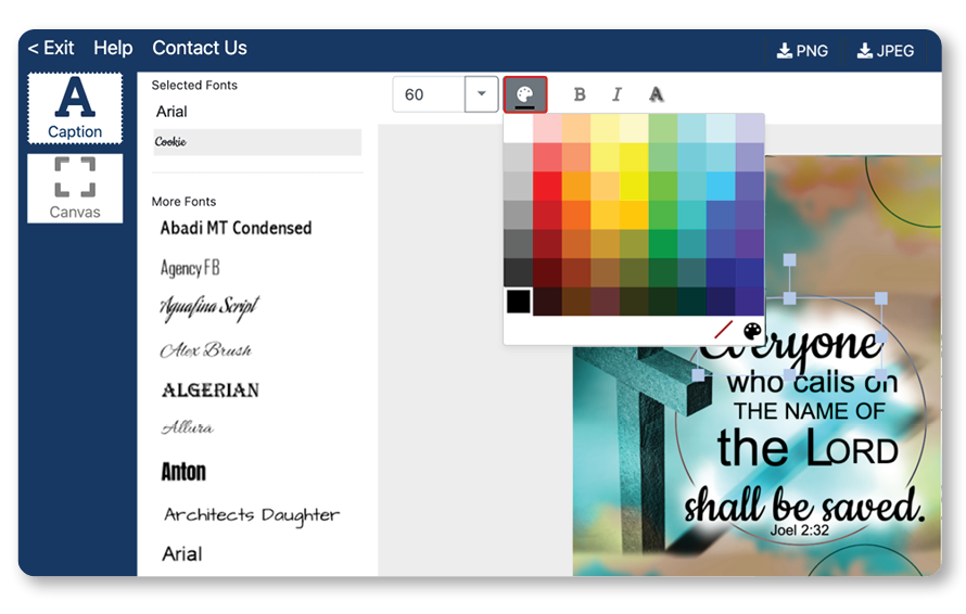 Screen capture of the caption editor tool displaying the color palette options