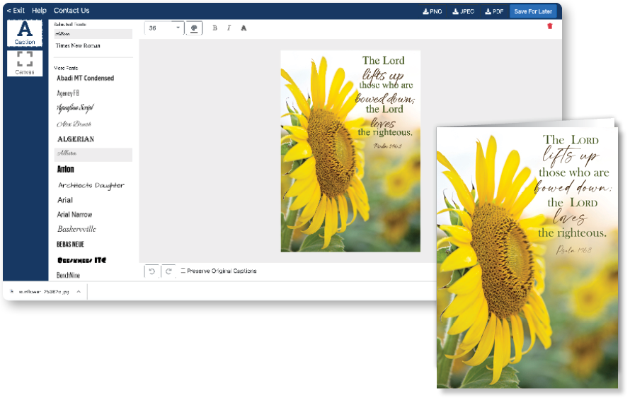 screenshot of the caption editor design tool with a bulletin cover with updated scripture verse
