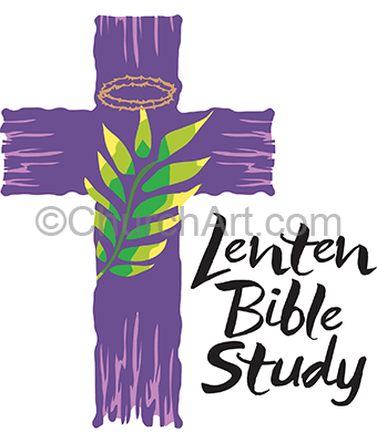 Clipart for Lent Bible Study with purple cross, crown of thorns, palm leaf and Lenten Bible Study caption