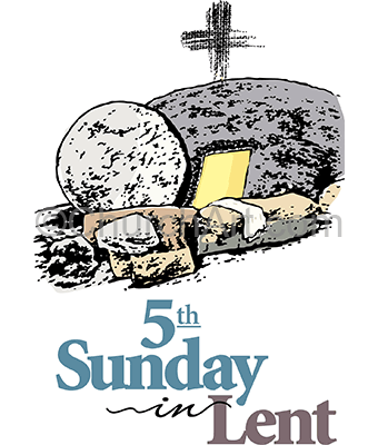 In preparation of Easter, a Lent season graphic of a tomb with a cross behind it and 5th Sunday in Lent caption