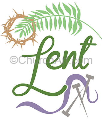 Lent art image with palm leaf, crown of thorns, nails with Lent as the caption