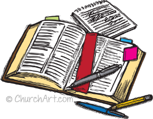 Open bible with red ribbon, pens, pencils and notes to encourage personal bible study or group bible study at church or home