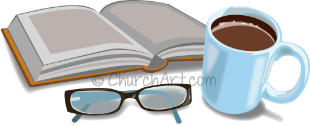 Bible Study Clip-Art with open Bible reading glasses and coffee cup