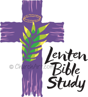 Bible Study Clip-Art image of a purple cross, palm branch and Lenten Bible Study caption