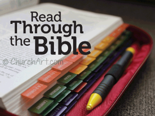 Bible Study Clip-Art photograph of study Bible and pen with Read through the Bible caption