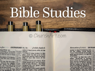 Bible Study Clip-Art photo of open bible against a woodgrain background, pens and Bible Studies caption