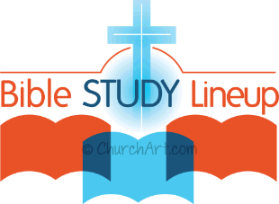 Bible Study Clip-Art image with icons of open books, a cross and Bible Study Lineup caption