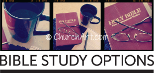 Bible Study Clip-Art photograph of open Bible with pens and Bible Study Options caption